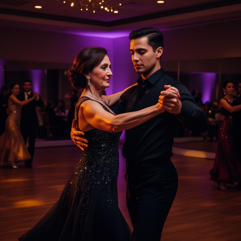 Adult couple practicing Rumba and Cha-Cha during a private Latin dance lesson in a warm-lit San Diego ballroom studio Adult couple practicing Rumba and Cha-Cha during a private Latin dance lesson in a warm-lit San Diego ballroom studio
