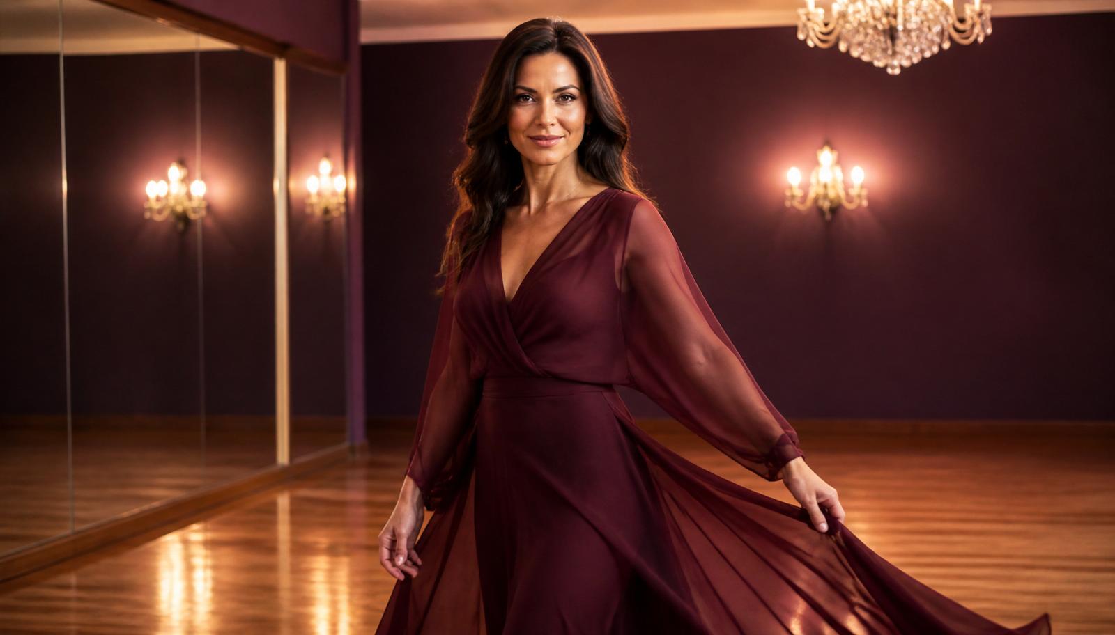 Confident woman in her 40s starting a new dance hobby after divorce at a San Diego dance studio Confident woman in her 40s starting a new dance hobby after divorce at a San Diego dance studio