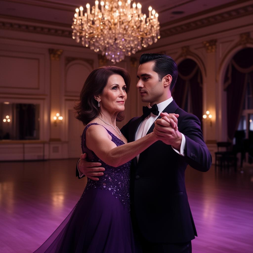Elegant San Diego ballroom dance studio interior with adult couple in a formal closed dance hold during a private lesson Elegant San Diego ballroom dance studio interior with adult couple in a formal closed dance hold during a private lesson