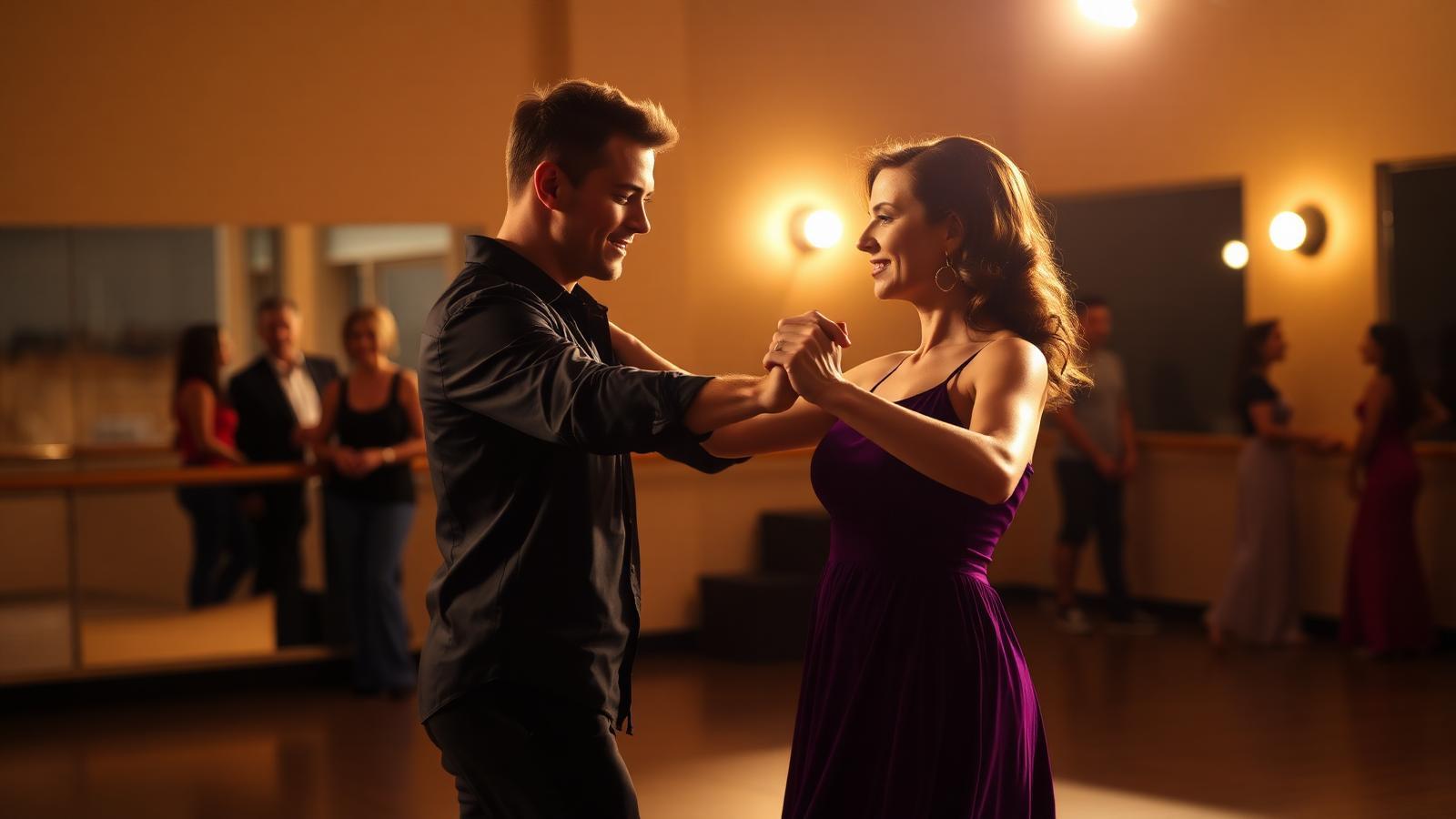 Private ballroom dance lesson in a warm San Diego studio with small-group class practicing in the background Private ballroom dance lesson in a warm San Diego studio with small-group class practicing in the background