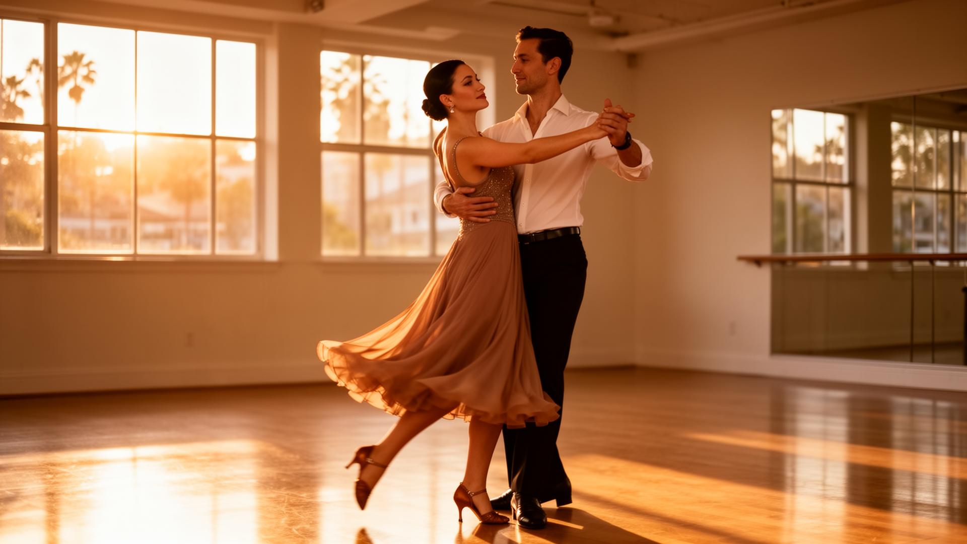 Confident woman in flowing dress taking a private ballroom dance lesson with her instructor in a sunlit San Diego studio